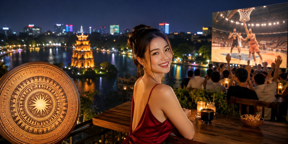 Nhóm bạn trẻ tại quán cà phê Hà Nội thảo luận về xổ số và thể thao trên điện thoại buổi sáng